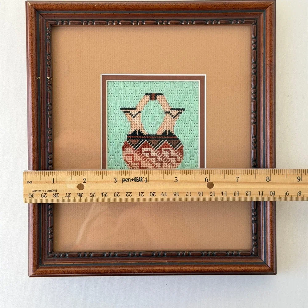 Vintage Needlepoint Framed Southwestern Navajo Pottery Gallery Wall Hanging 8x9